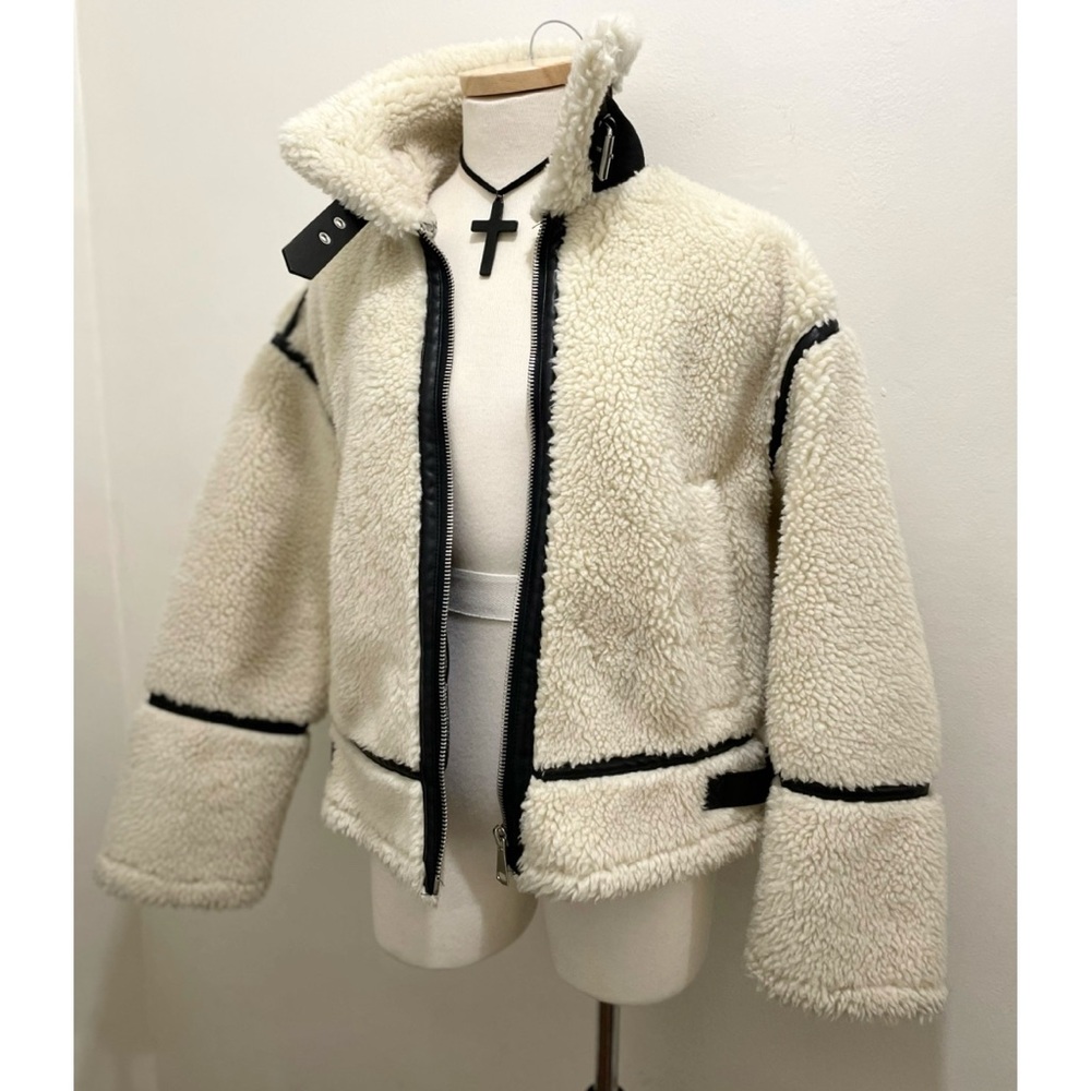 Faux-Sherpa Faux-Leather-Trim Coat